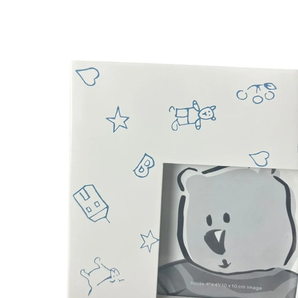Baby GAP Wood Picture Frame Baby 4x4 White Blue Nursery Sketches‎ Bear Elephant